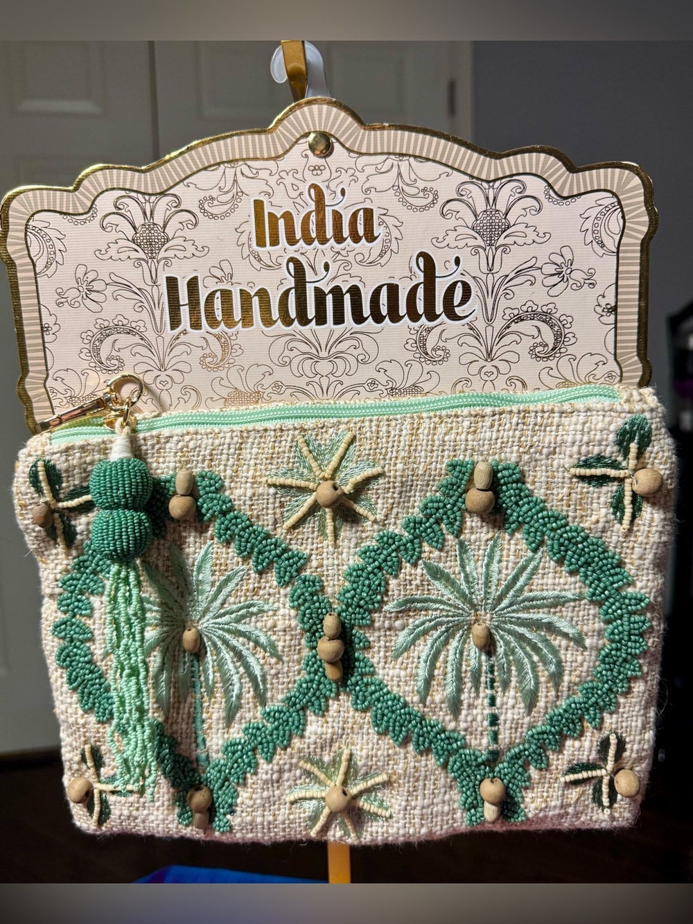 NWT India Handmade Green Beaded Palm Tree Zipper Pouch Clutch